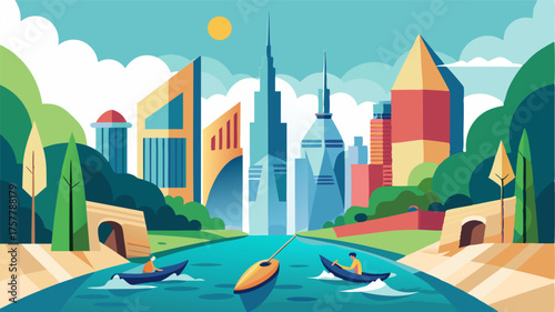 An oasis of activity in the midst of the city with kayakers filling the canal and skyscrapers towering in the background.