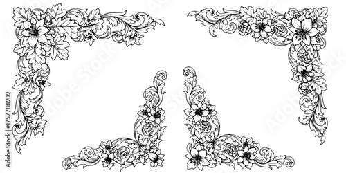 Set of 4 Vintage Engraving Corner Ornaments Floral Scroll Decorations