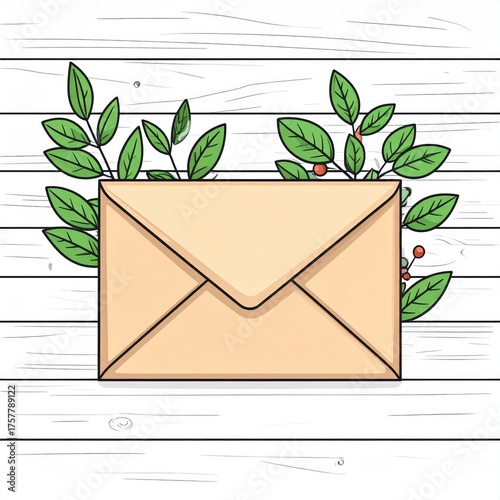 Envelope With Green Leaves Against White Wooden Backdrop Vector Illustration