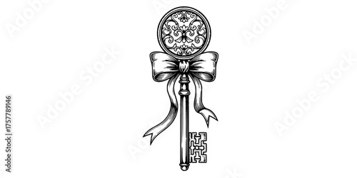 Engraving Illustration Stylized Key with Intricate Scroll Details and Bow