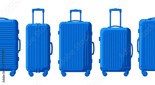 A Collection of Five Blue Rolling Suitcases Arranged Side by Side Against a White Background