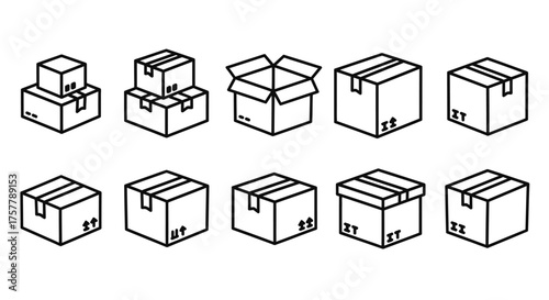 A Collection of Line Art Illustrations Depicting Various Cardboard Boxes and Packaging Designs Ready for Shipping and Storage