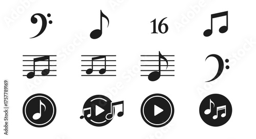 A Collection of Musical Notes Symbols Rests and Clefs Representing Music Theory and Audio Playback Icons