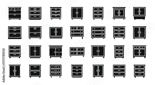 Collection of Various Furniture Designs with Drawers and Doors Showing Different Storage Solutions for Home and Office Spaces