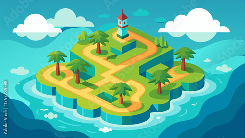 A birds eye view of a tropical island with a maze of glistening waterways weaving through dense vegetation and a picturesque lighthouse perched on a rocky outcrop.