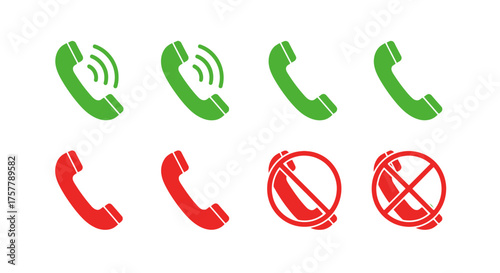 Set of eight phone icons displaying incoming calls and outgoing calls along with rejected calls and missed calls