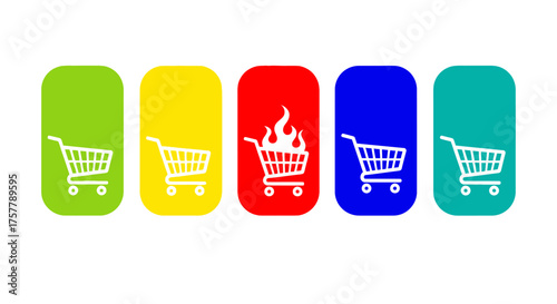 Five Distinct Shopping Cart Icons in Various Bright Colors Representing Different Shopping Categories or Promotions