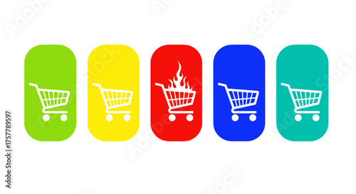 Collection of Colorful Shopping Cart Icons Representing Different Online Shopping Scenarios and Promotions