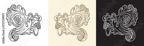 Engraving monogram and design element three colors vector