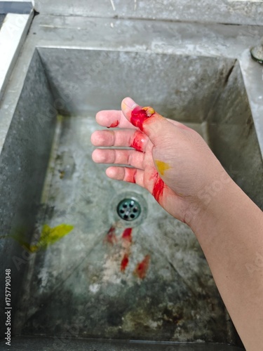 hand with blood. A minor cut on hand cause bleeding non stop. 