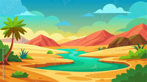 Amidst the seemingly endless desert a small tranquil oasis provides a haven for weary travelers with a glistening stream snaking through vibrant green flora.