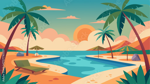 A gentle breeze rustles through the palm trees lining the shore of the coral lagoon creating a peaceful oasis for visitors to relax and unwind.