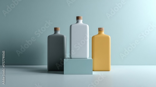 Three matte bottles in different colors with podium base on soft background for product branding advertising photography composition clean minimalist design