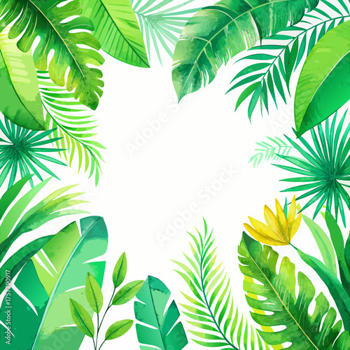 Watercolor tropical background featuring lush green palm