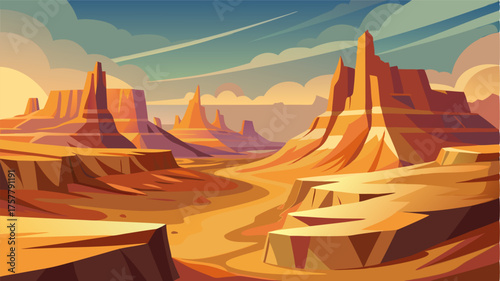 A painterly landscape of soft sandy hills giving way to deep canyons and towering mesas.