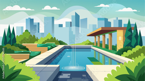 A mix of modern and natural this rooftop garden features sleek and contemporary design elements combined with lush greenery. A tranquil pond and waterfall provide a soothing