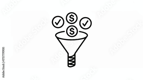 Money funnel with coins and checkmarks, symbolizing financial success and efficient income generation.