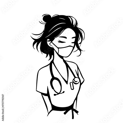 Nurse. Nurse simple black and white line art vector logo