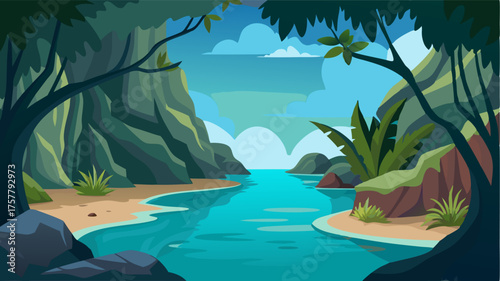 A hidden cove within the mangrove swamp with crystal clear waters and swaying branches creating a blissful and secluded oasis.