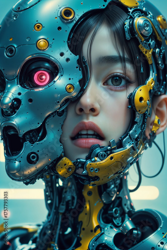 a humanoid figure with a futuristic, mechanical appearance, featuring a combination of metallic and robotic elements. The figure's eye is glowing red, and it has a complex structure