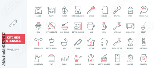 Kitchen equipment and utensils line icons set. Chefs accessories to cook food, electrical appliances and scales, coffee machine and microwave thin black and red outline symbols vector illustration