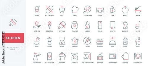 Kitchen thin black and red line icons set vector illustration. Outline symbols of chefs utensil and appliances for restaurant or home, food and drink, tools and pots collection for cutting and frying