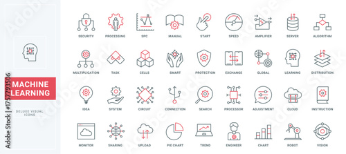 Machine learning thin black and red line icons set vector illustration. Outline pictogram collection of data research algorithms, digital dashboard of computing system, global analysis automation