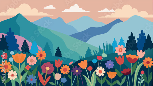 A of colorful wildflowers contrasting with the muted tones of the hazy mountains in the background.
