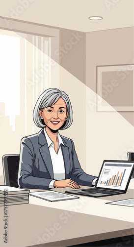 Confident older businesswoman with care hair style smiling at meeting table in office  
