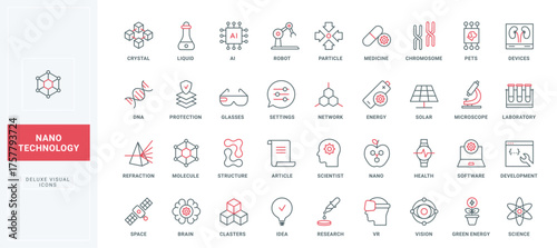 Nanotechnology line icons set. laboratory research of chromosomes and molecular structure, chemical liquid and brain, chemistry lab innovation thin black and red outline symbols, vector illustration