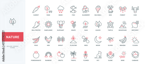 Save nature and ecology, environment and weather line icons set. Cultivation of plants and wheat crop, protection of animals and insects thin black and red outline symbols vector illustration