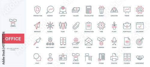 Office work thin black and red line icons set vector illustration. Outline symbols of stationery and documents to archive in folders and employees briefcase, managers laptop on workplace and badge