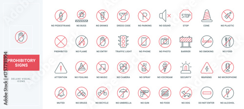 Warning line icon set forbidding to do different actions. Ban on smoking and dog, food and alcohol, record photo and video, anti graffiti thin black and red outline symbols vector illustration