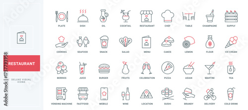 Restaurant food and drink, cafe services line icons set. Fast food menu, cocktails and wine, sushi and snacks for celebration or dinner, delivery thin black and red outline symbols vector illustration