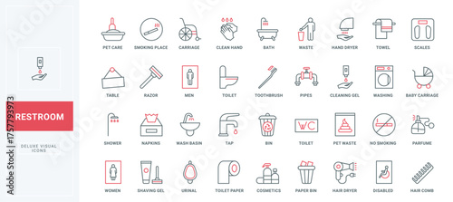 Toilet and bathroom, sanitary equipment and detergents, cosmetics line icons set. WC and shower pictogram, restroom wayfinding, cleaning tool thin black and red outline symbols vector illustration