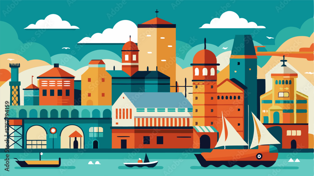 Naklejka premium A bustling port with towering grain silos and warehouses converted into trendy bars and restaurants preserving the citys maritime heritage.