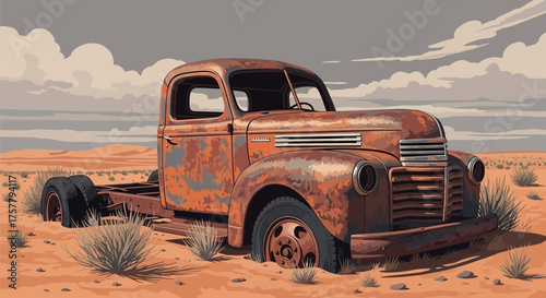 Nostalgic rusted truck chassis in sun-baked desert landscape graphic