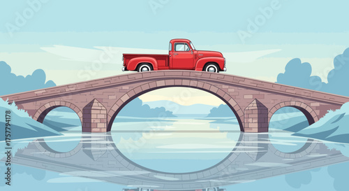 Retro red pickup truck traversing a picturesque stone arch bridge