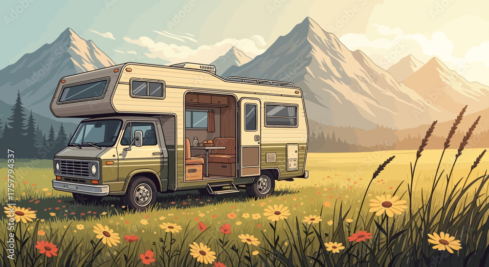 Obraz premium Vintage Campervan in a Picturesque Mountain Landscape Illustration