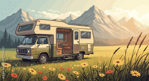 Vintage Campervan in a Picturesque Mountain Landscape Illustration