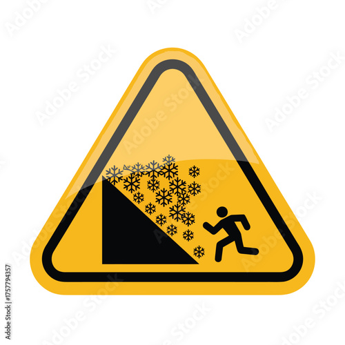 Avalanche warning sign vector illustration of a yellow triangle with a falling snow and running man isolated on white background