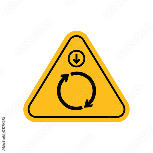 Yellow triangle sign with circular arrows and a downward arrow vector illustration for packaging and handling instructions isolated on white background