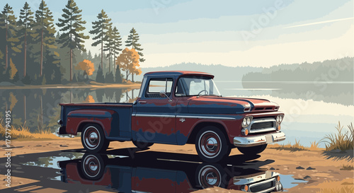 Vintage charm classic truck reflecting by the lakeside surrounded by nature