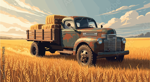 Vintage farm truck carrying hay bales in a golden wheat field illustration