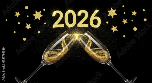 Golden 2026 text with sparkling champagne glasses toasting for new year celebration