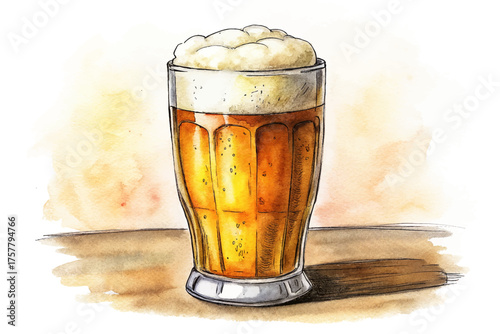 pint glass full of beer with head vector, a refreshing alcoholic beverage watercolor
