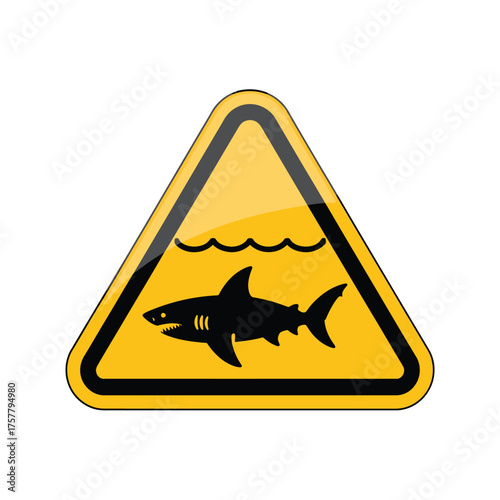 Shark warning sign yellow triangle with shark silhouette and waves vector illustration isolated on white background