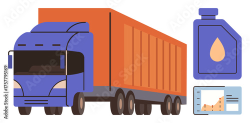 Cargo truck with container, motor oil bottle, data chart for logistics, fuel management, and transport. Ideal for delivery, supply chain, maintenance, fleet management trucking business
