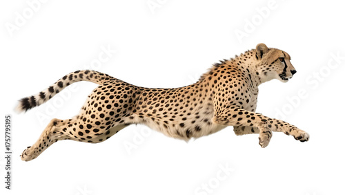 A cheetah is captured mid-leap, showcasing its exceptional speed and distinctive spotted coat.