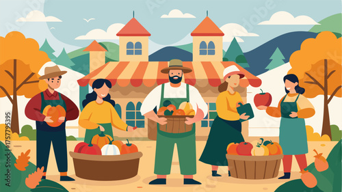 A quaint market square where farmers proudly display their bountiful harvest from colorful piles of pumpkins to baskets of ripe apples.